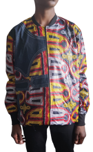 Load image into Gallery viewer, Unisex Toghu Jeans Bomber Jacket / African Bomber Jacket / Ankara Bomber Jacket