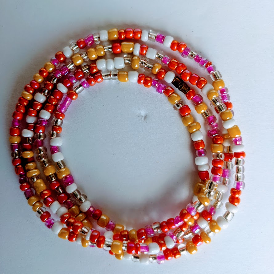 This beautiful waist beads are handmade in Cameroon using glass beads  Approximately 100 cm long with clasps. The beads are used for beauty and for weight loss. They make the waist noticeable and sexy.