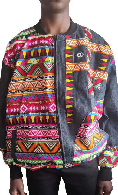 Unisex Kente Jeans Bomber Jacket / African Bomber Jacket / Ankara Bomber Jacket